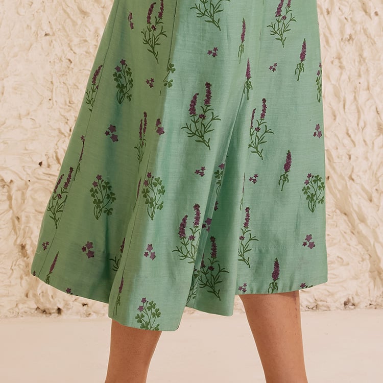 Teal Chanderi Hand Block Floral Dress