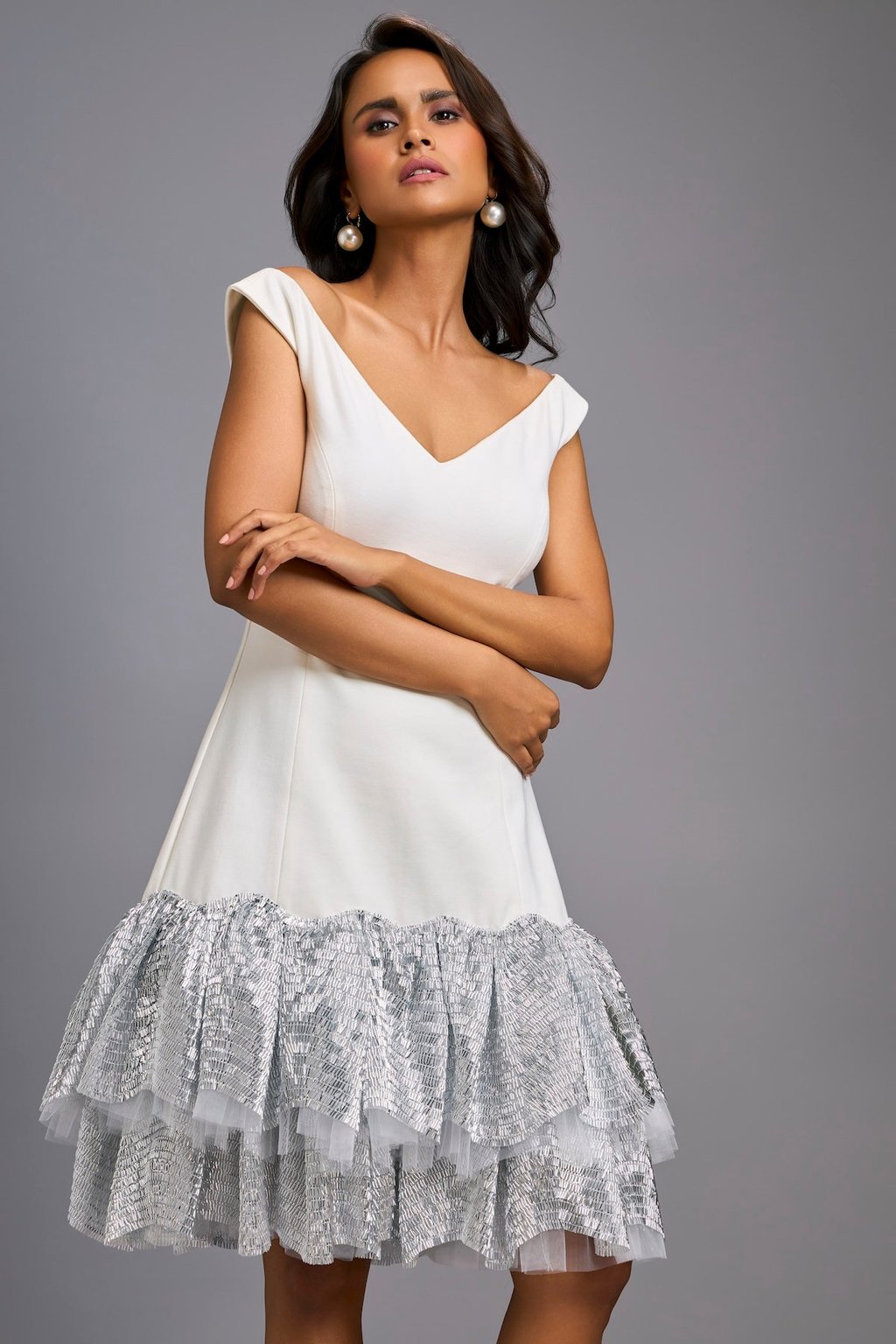 Off-Shoulder White Dress with Shimmer Ruffles