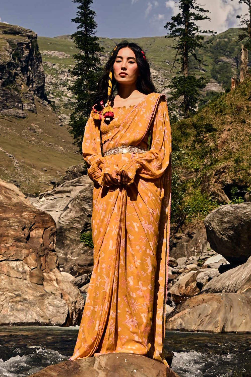 Yellow Jungle Print Pre Draped Saree