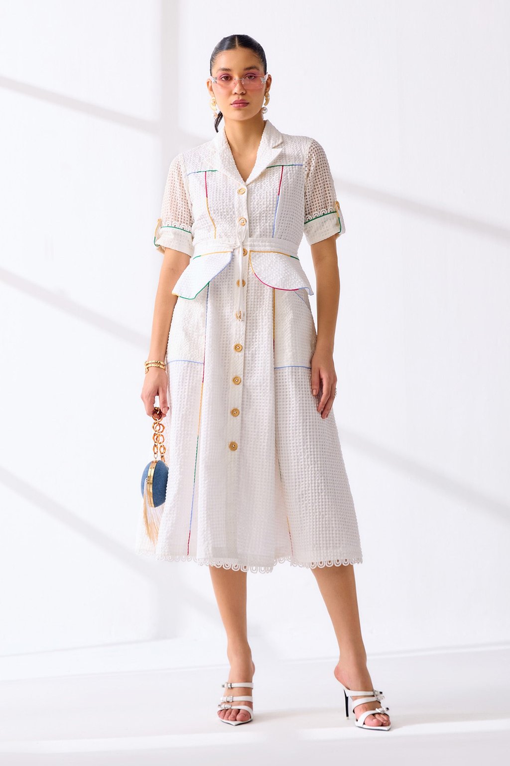 Hathway Dress with Peplum Belt White