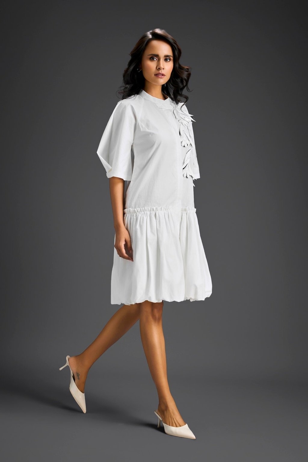 3d Floral Embellished Puff Sleeve Dress