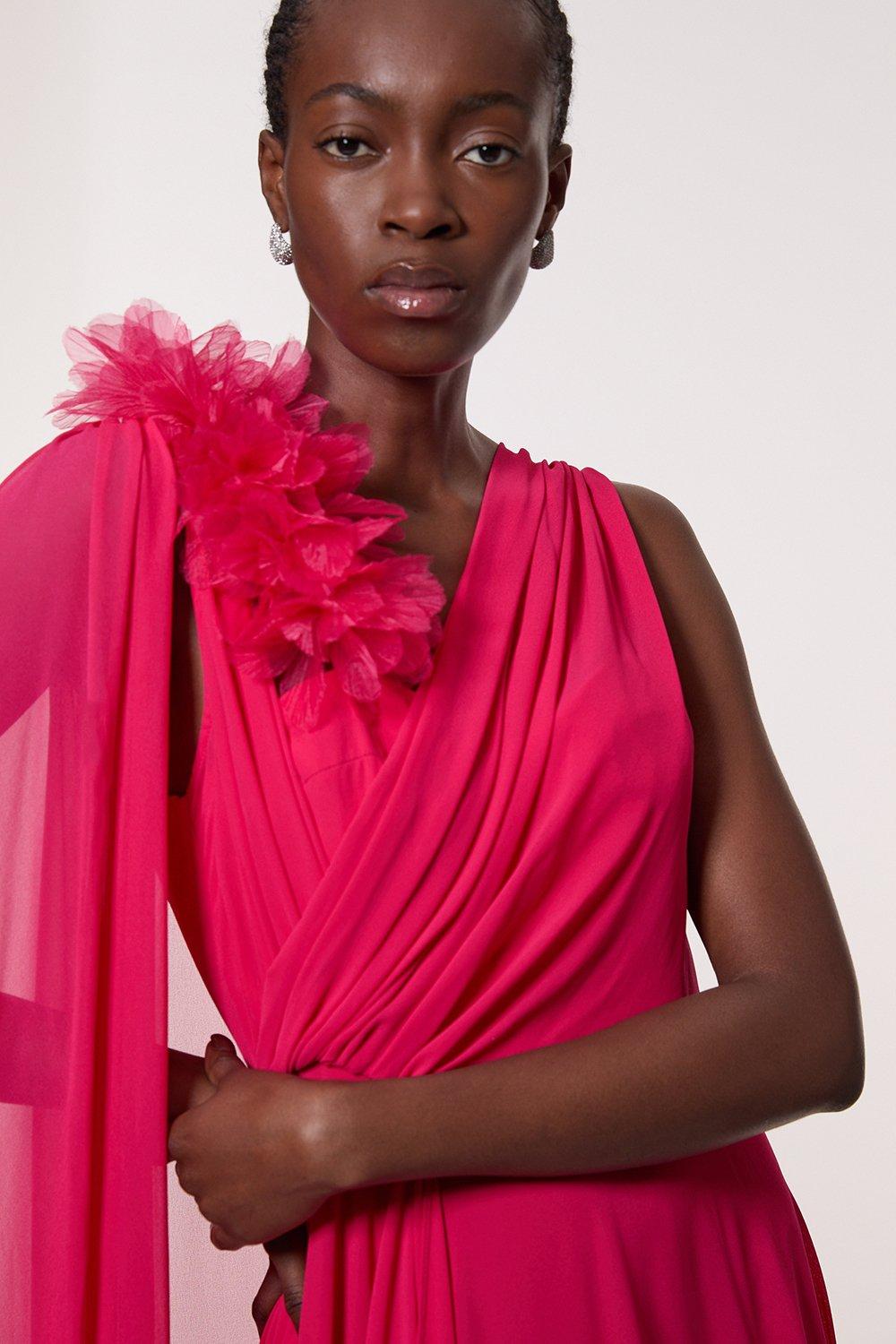 Georgette Pleated Bustier Cape Back Woven Maxi Dress