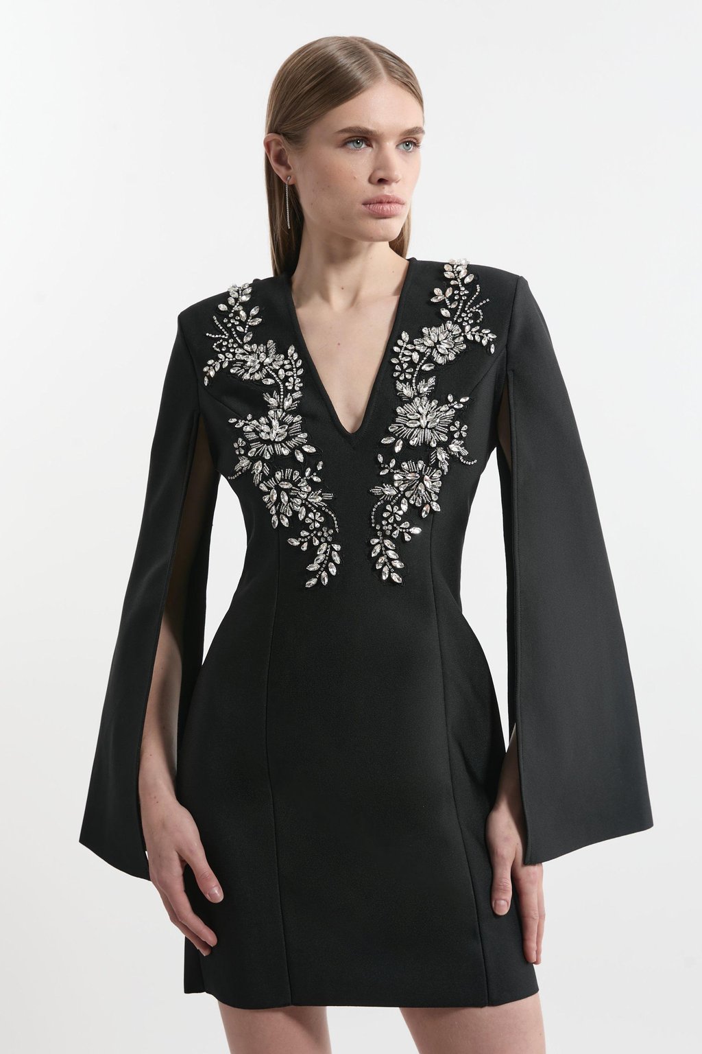 Bandage Form Fitting Cape Sleeve Embellished Mini Dress