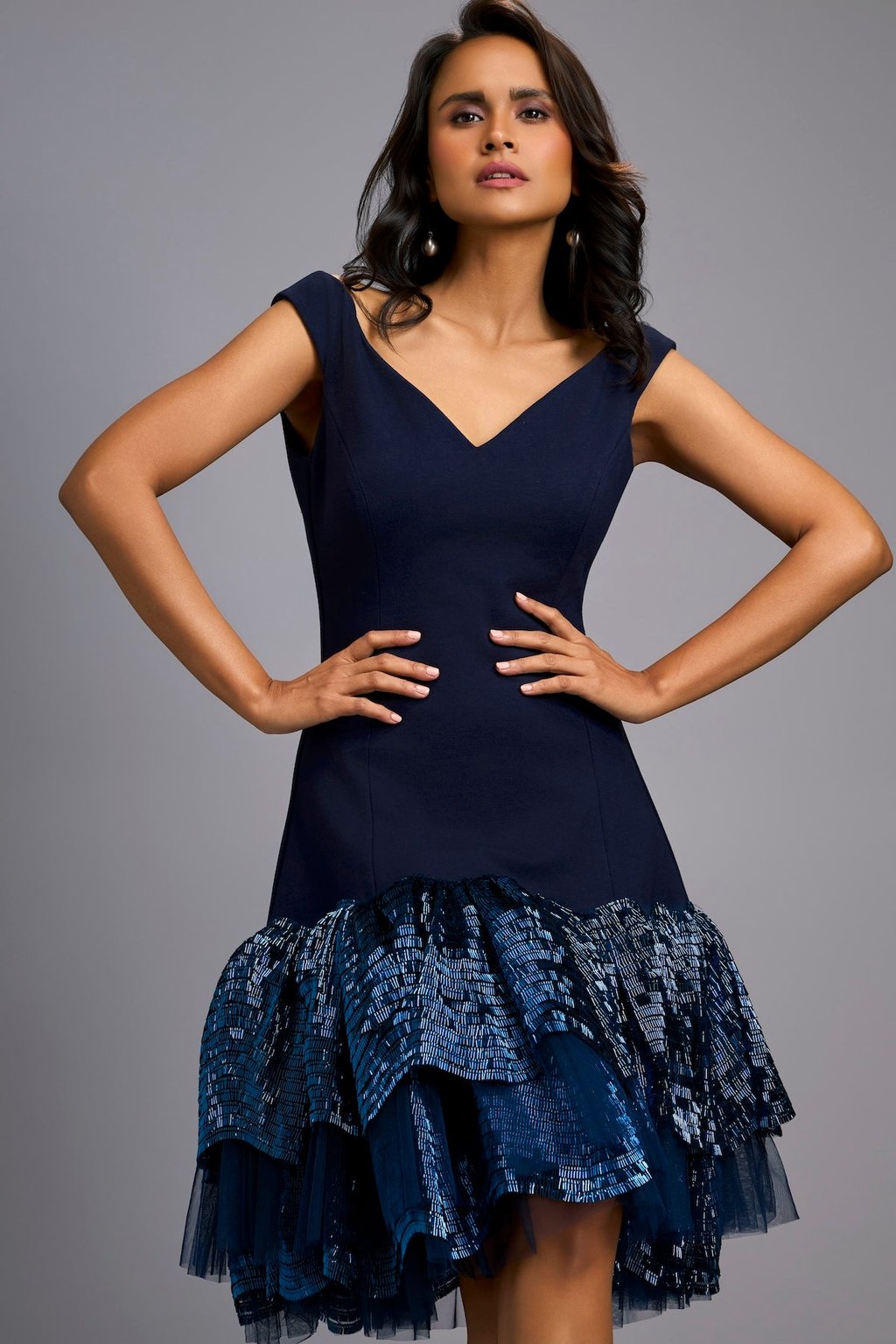 Off-Shoulder Navy Blue Dress with Shimmer Ruffles