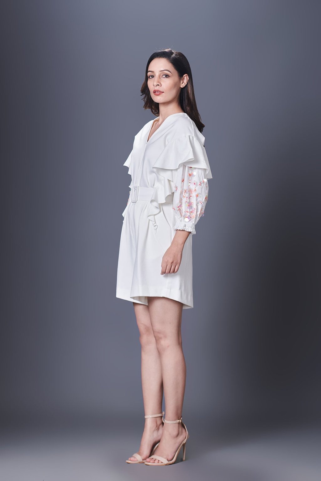 White Playsuit with Hand Embroidered Sleeve & Belt