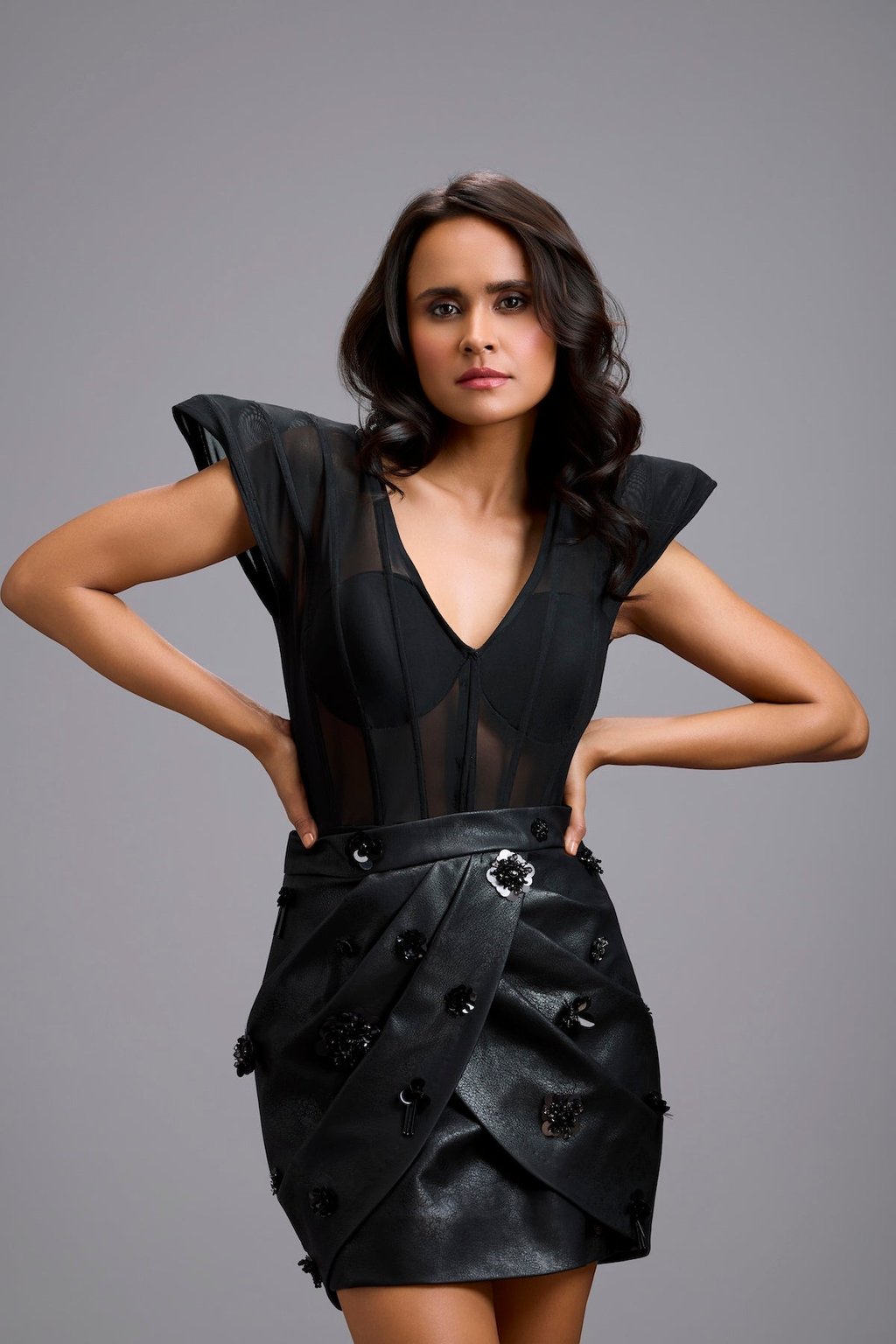 Leather Wrap Skirt with Floral Appliqu�S
