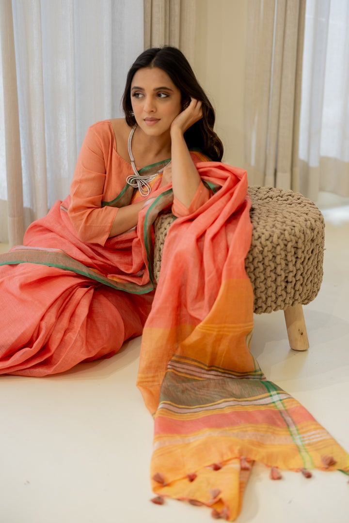Tropical Apricot Linen Saree