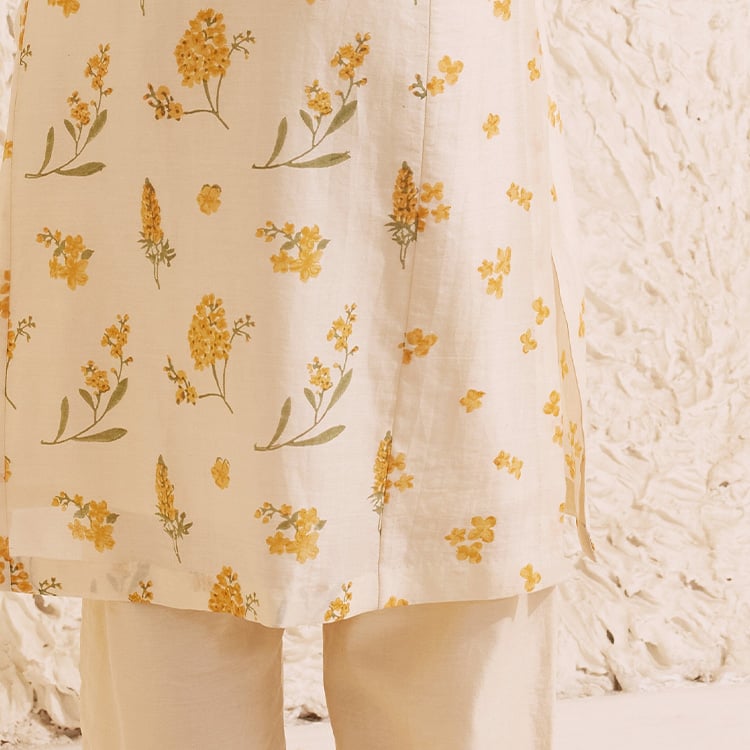 Ivory Chanderi Hand Block Floral Kurta Set.