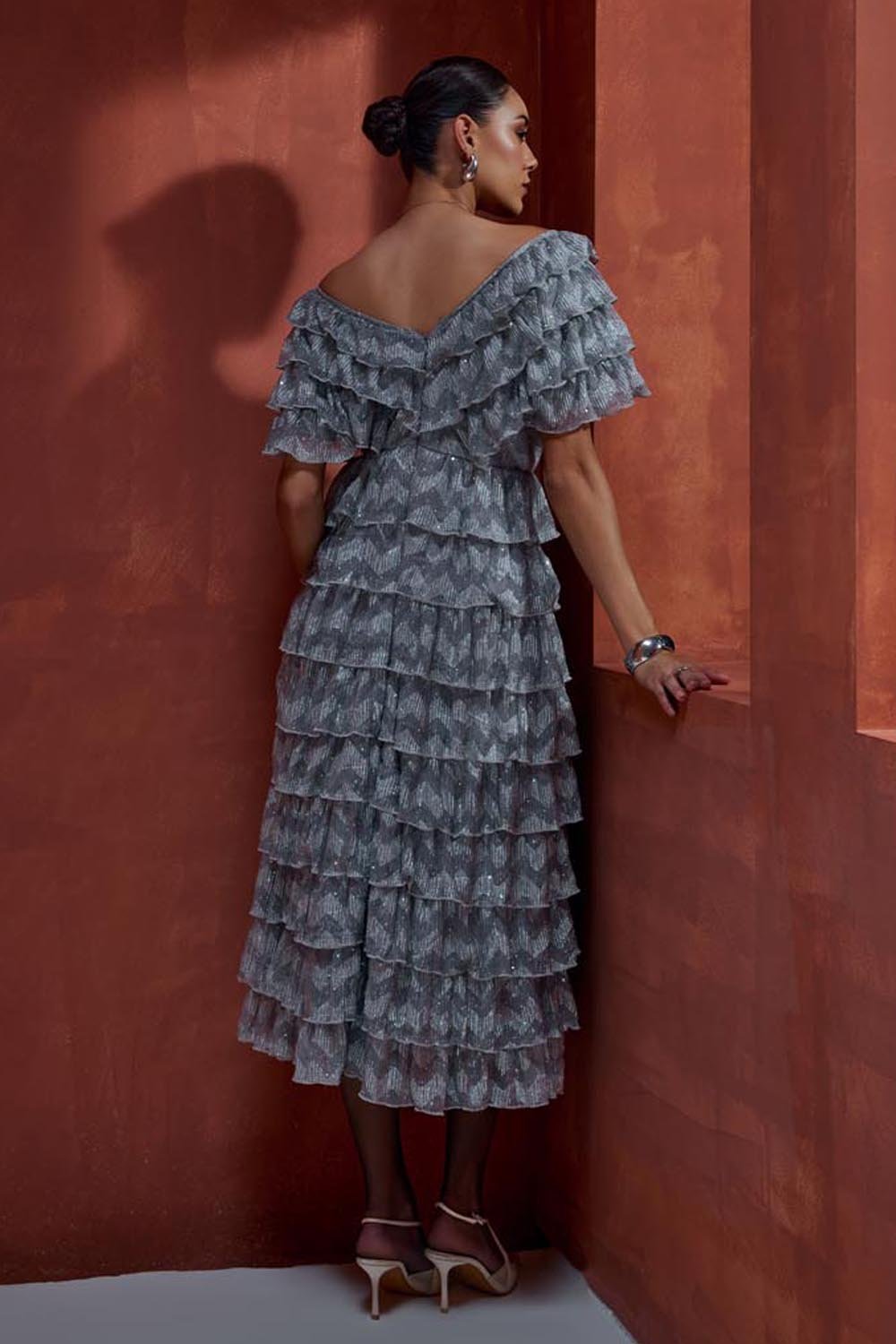 Off the Shoulder Mettalic Ruffled Midi Dress