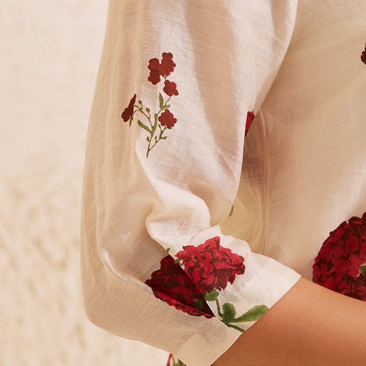 Ivory Chanderi  Hand Block Floral Print Kurta Set