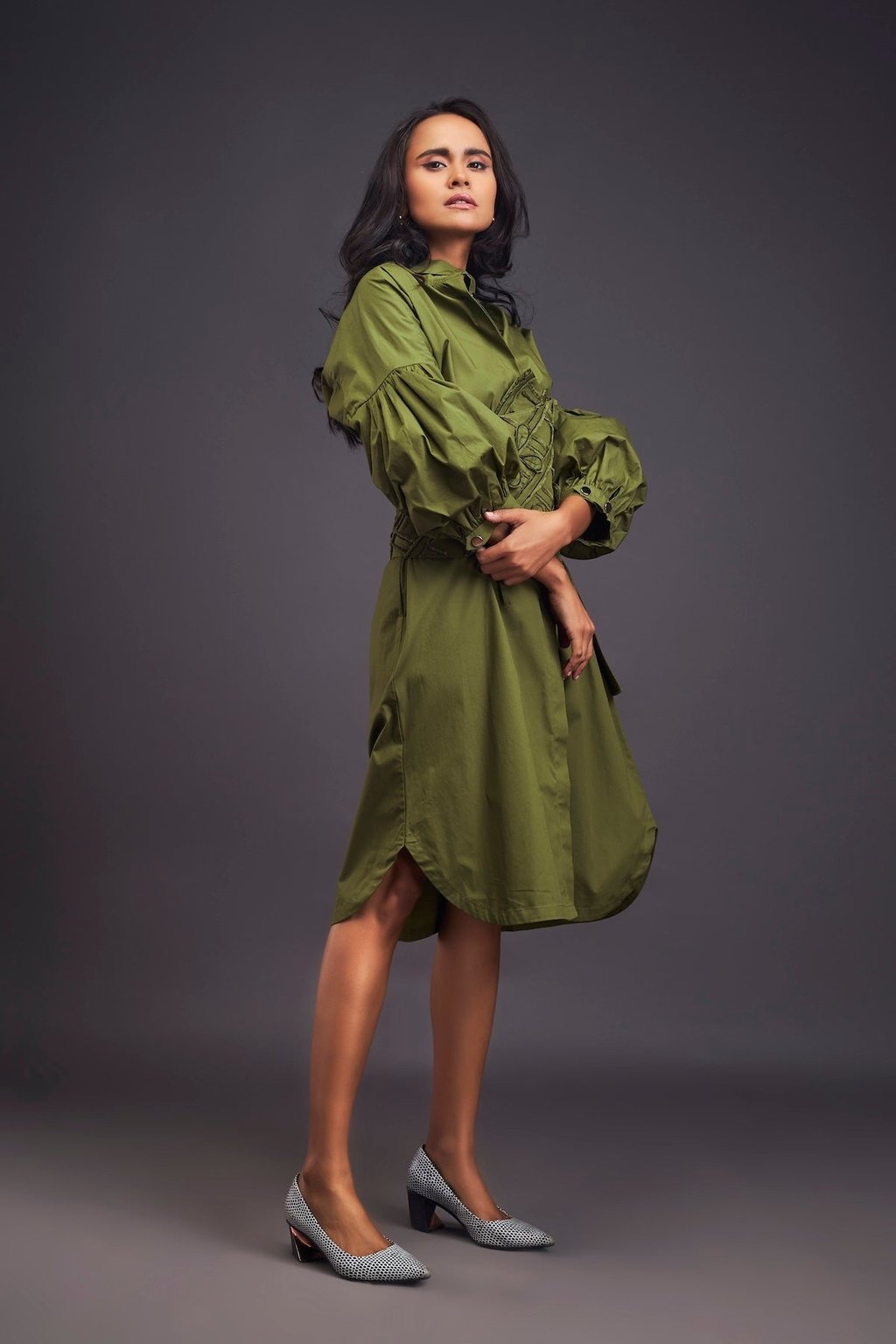Shirt Dress with Applique Corset Style Tie up Belt