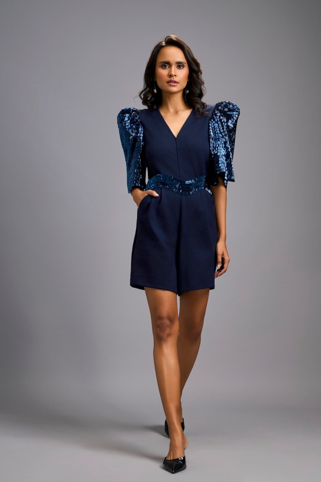 Navy Blue V-Neck Playsuit with Shimmer Belt