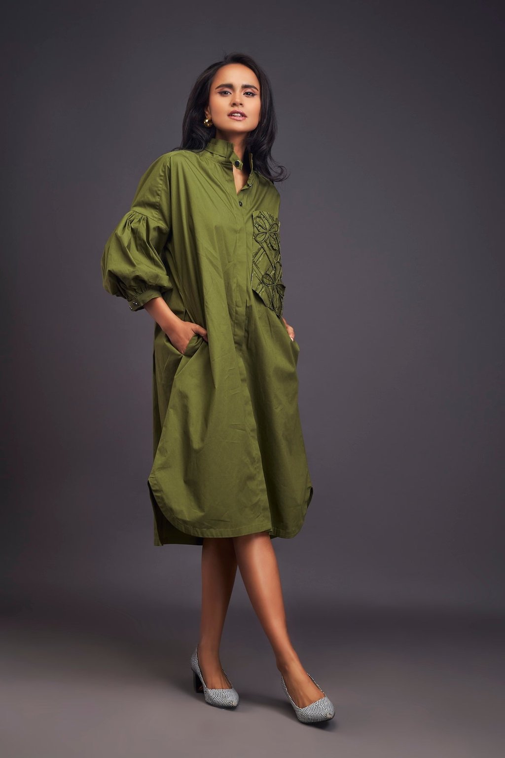Oversized Shirt Dress with Embroidered Pocket