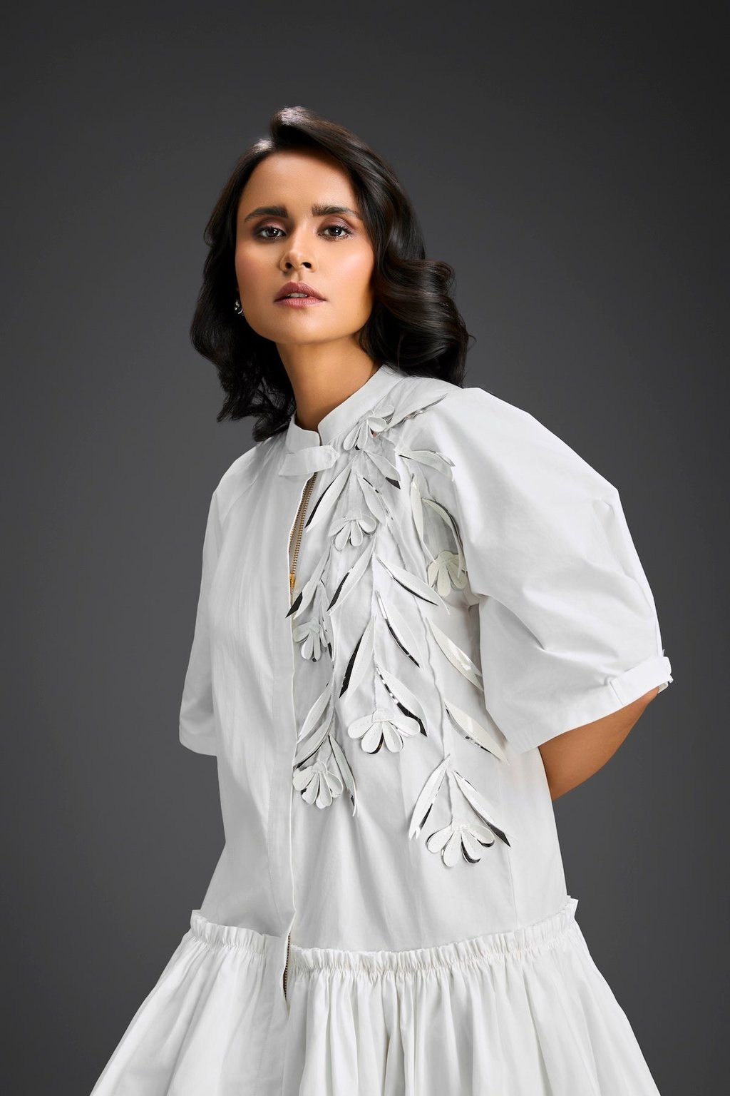 3d Floral Embellished Puff Sleeve Dress