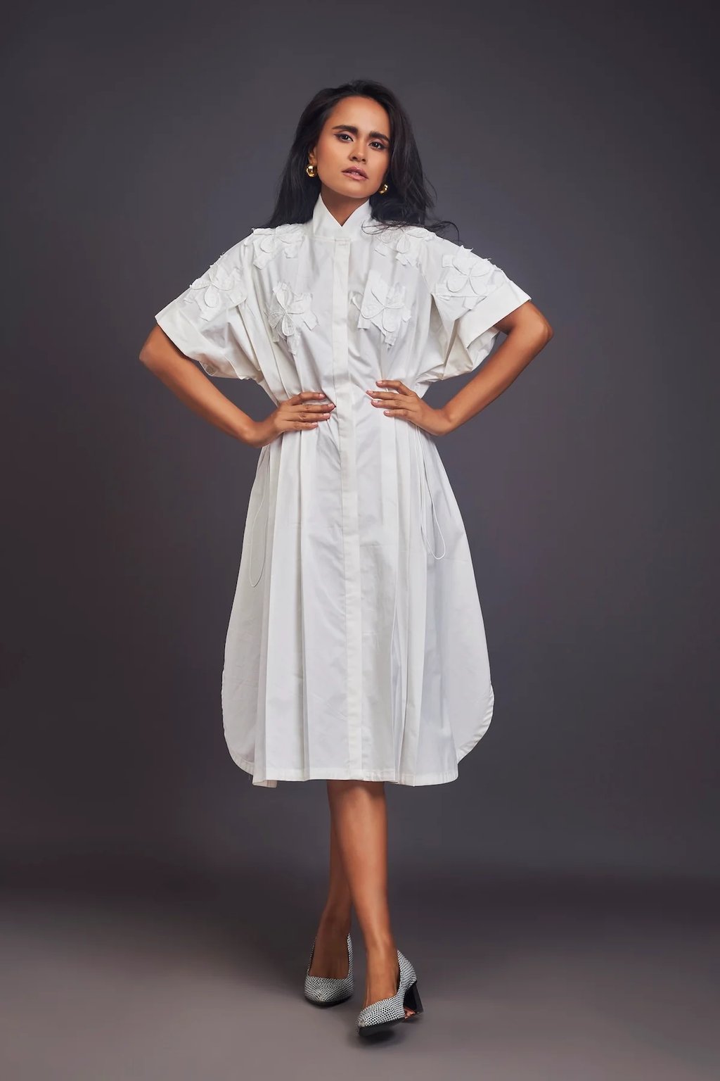 Pleated Oversized Shirt Dress with Patchwork White