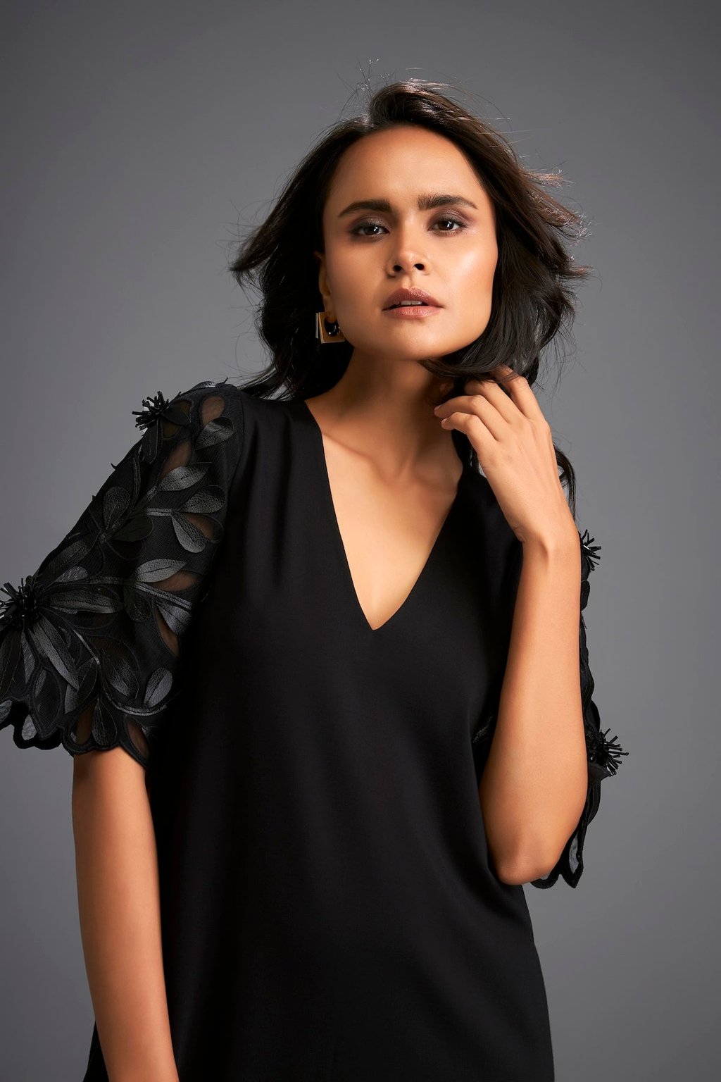 V-Neck Dress With Leaf-Patterned Sleeves