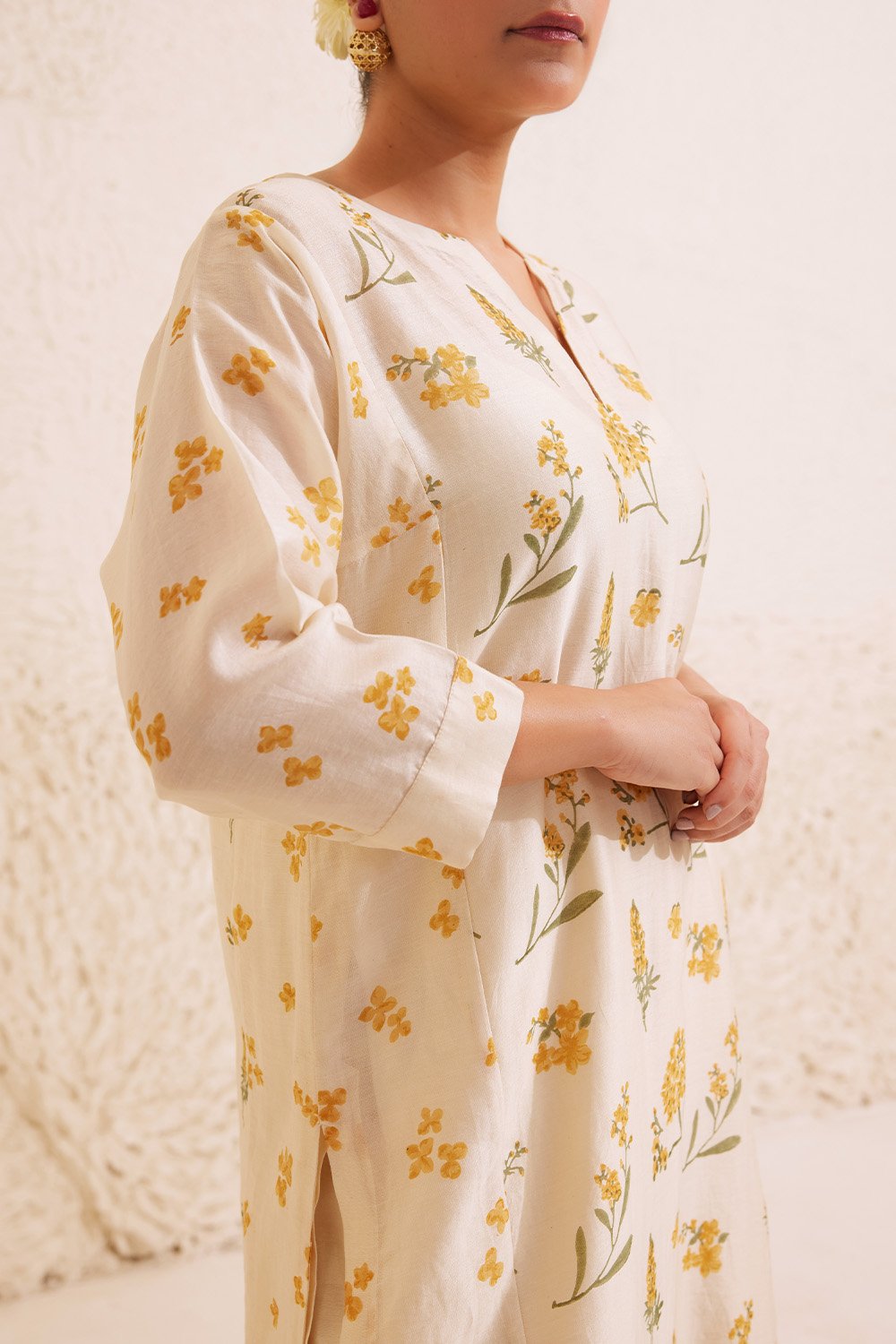 Ivory Chanderi Hand Block Floral Kurta Set.