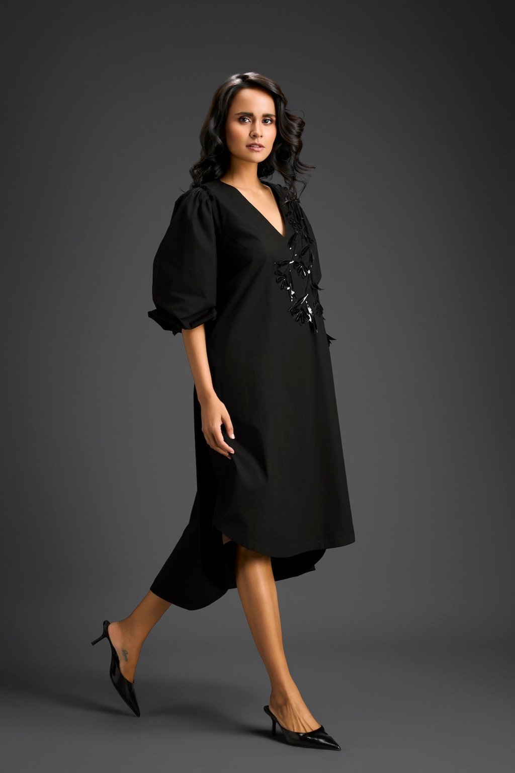 Black Embellished Puff Sleeve High-Low Dress
