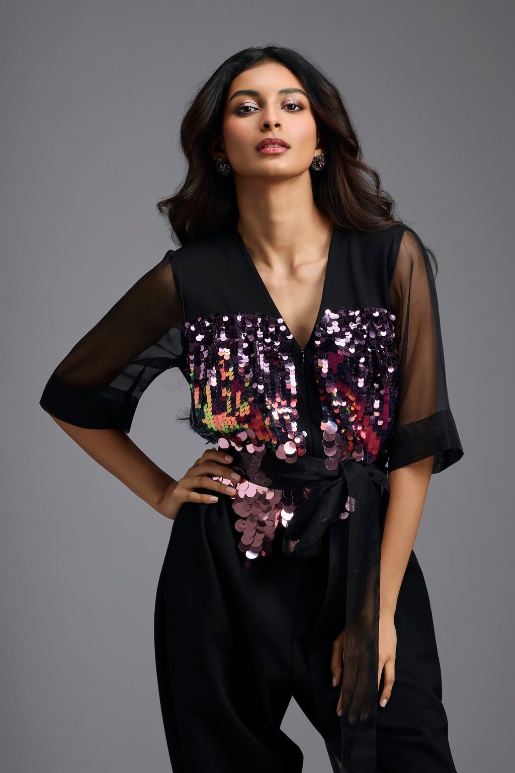 Sequin Jumpsuit with Sheer Sleeves