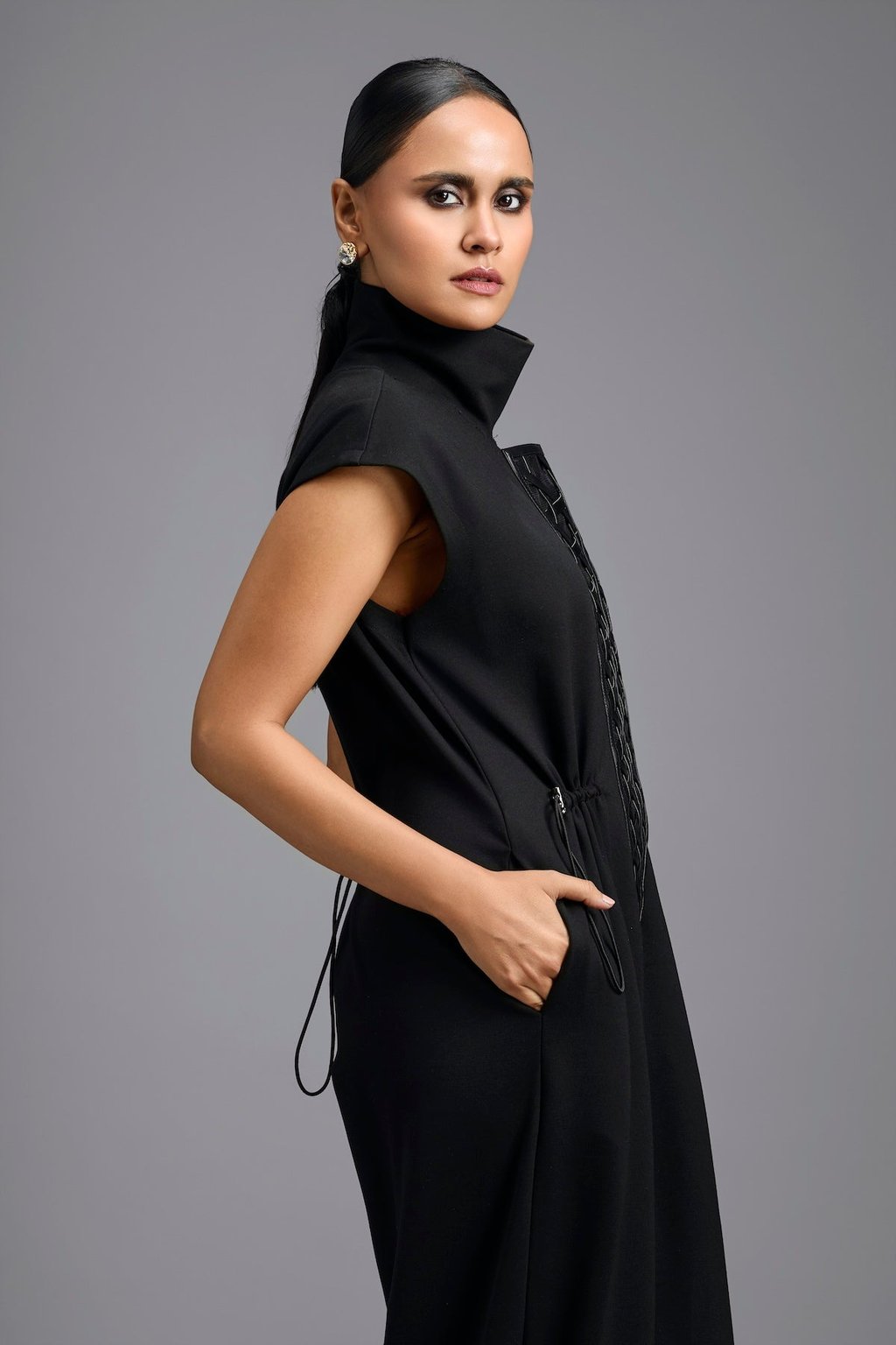 Jumpsuit with Woven Leather Panel