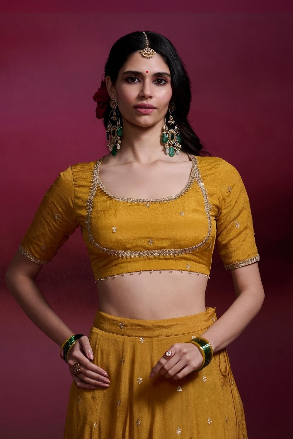 Kalindi Mustard Embroidered Viscose Lehenga Set