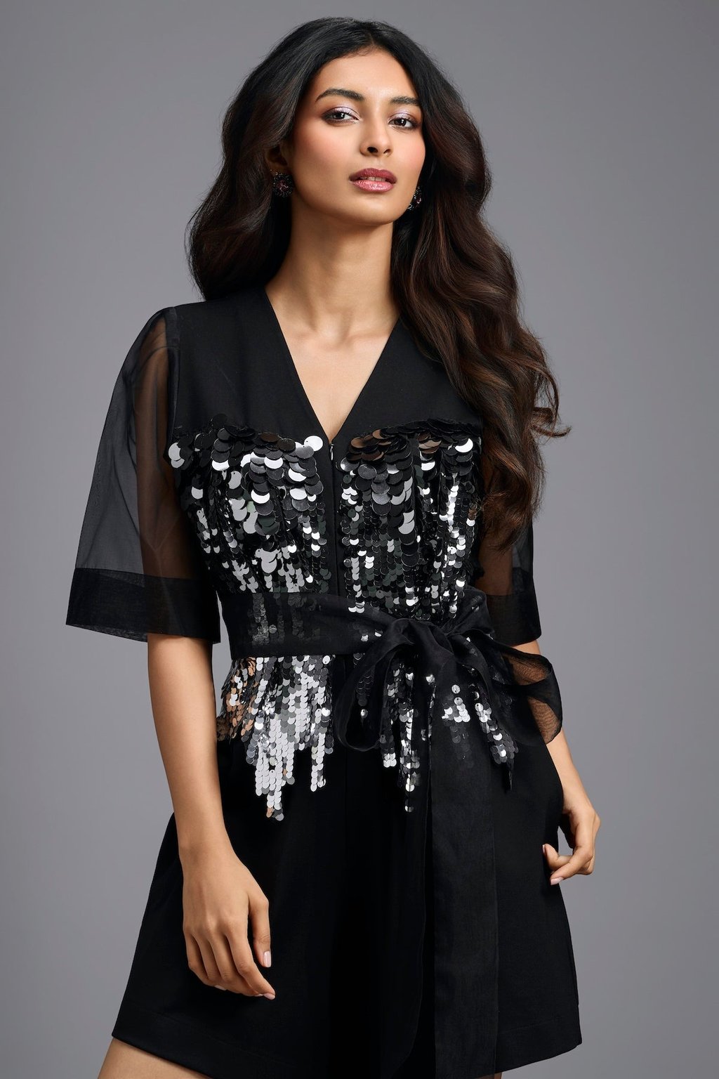 Sequin Playsuit with Sheer Sleeves