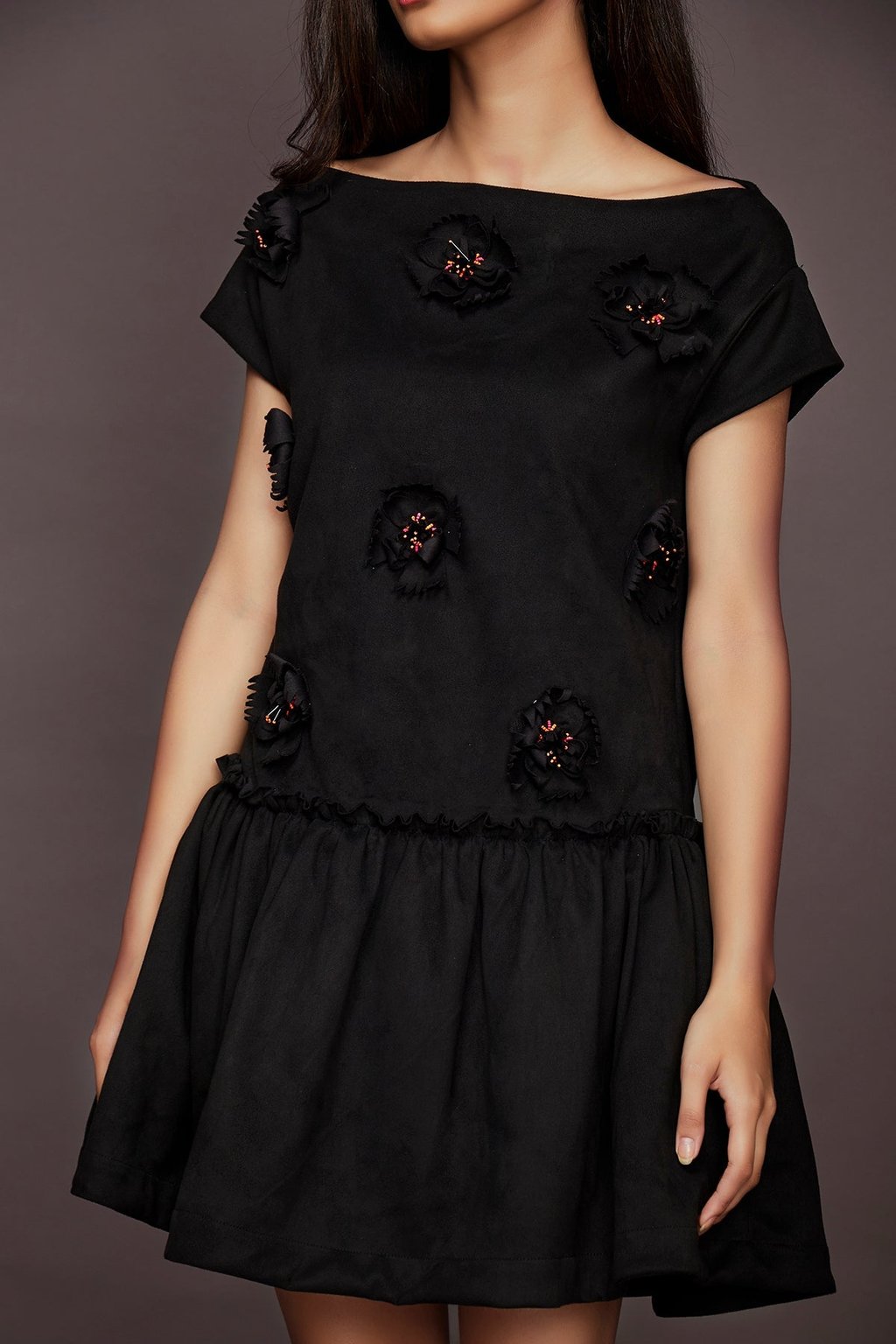 Black Suede Embroidered Short Dress