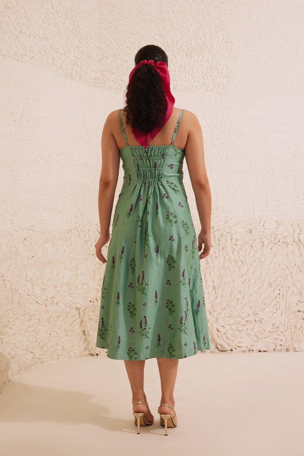Teal Chanderi Hand Block Floral Dress