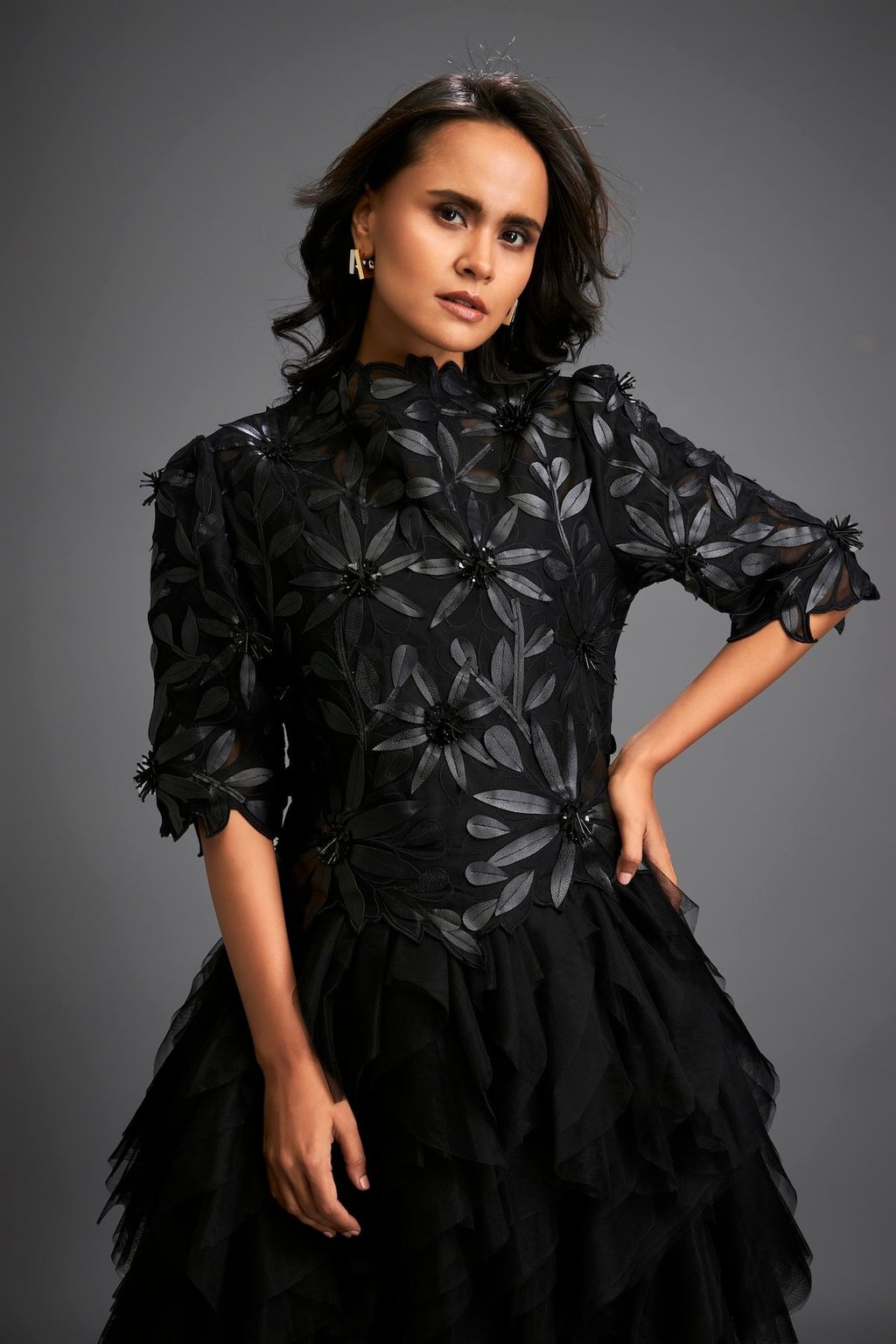 High-Neck Floral Applique Dress