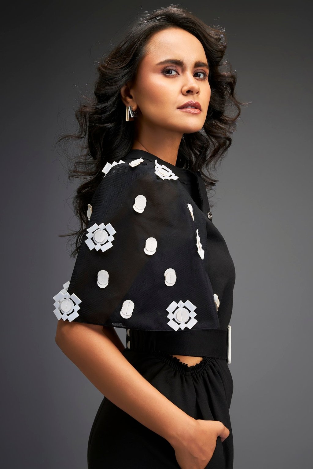 Black Embroidered Sleeves Jumpsuit with Belt
