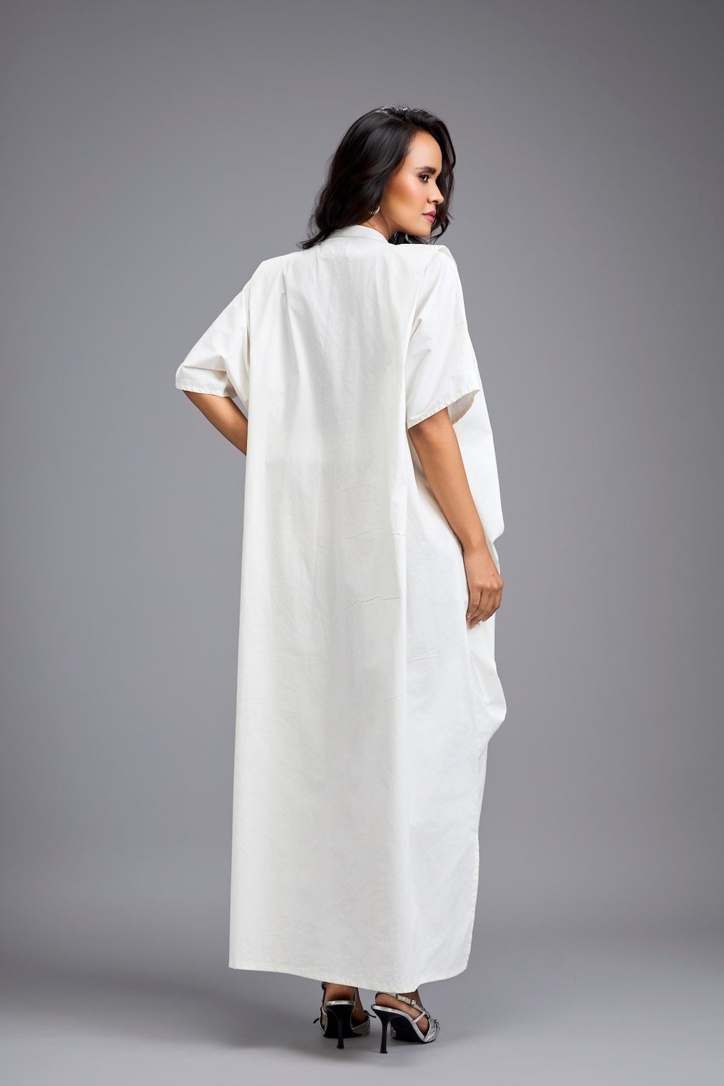 White Draped Kaftan Sleeve Dress with Gold Button