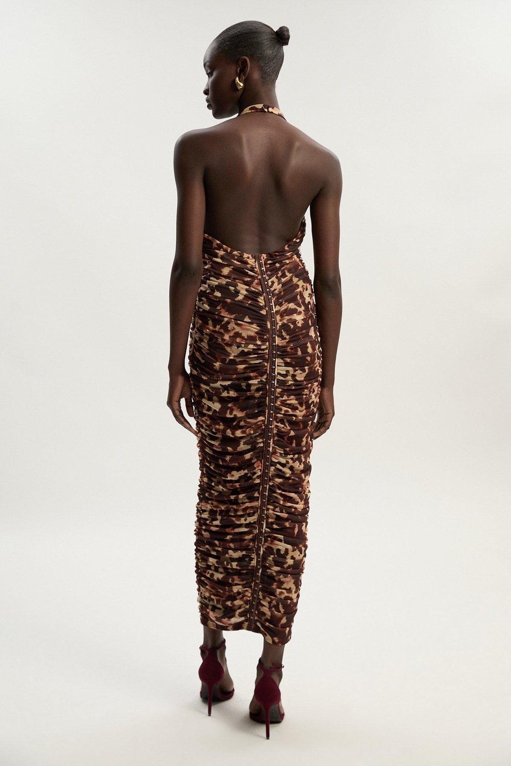 Leopard Print Plunge Halter Neck Mesh Midi Dress