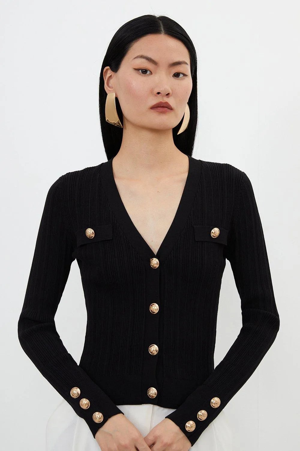Viscose Blend Dry Handle Rib Military Trim Cardigan