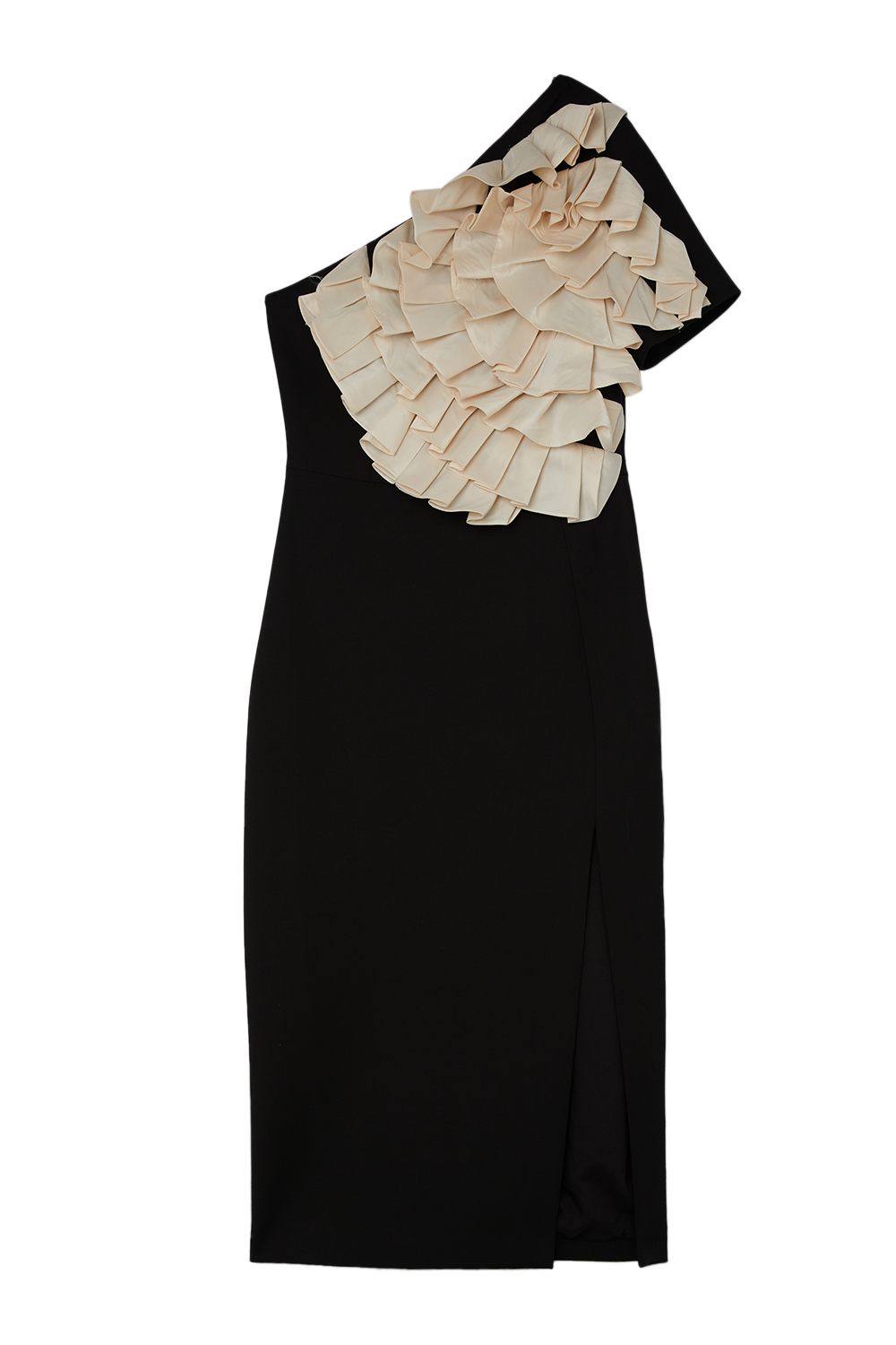 Compact Stretch Taffeta Ruffle One Shoulder Midi Dress
