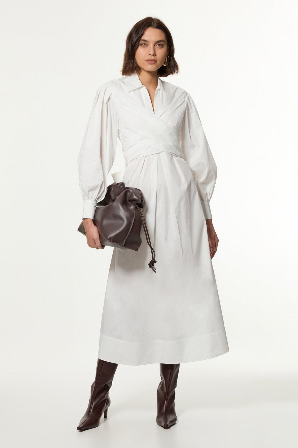 Cotton Poplin Drama Sleeve Woven Wrap Detail Shirt Dress