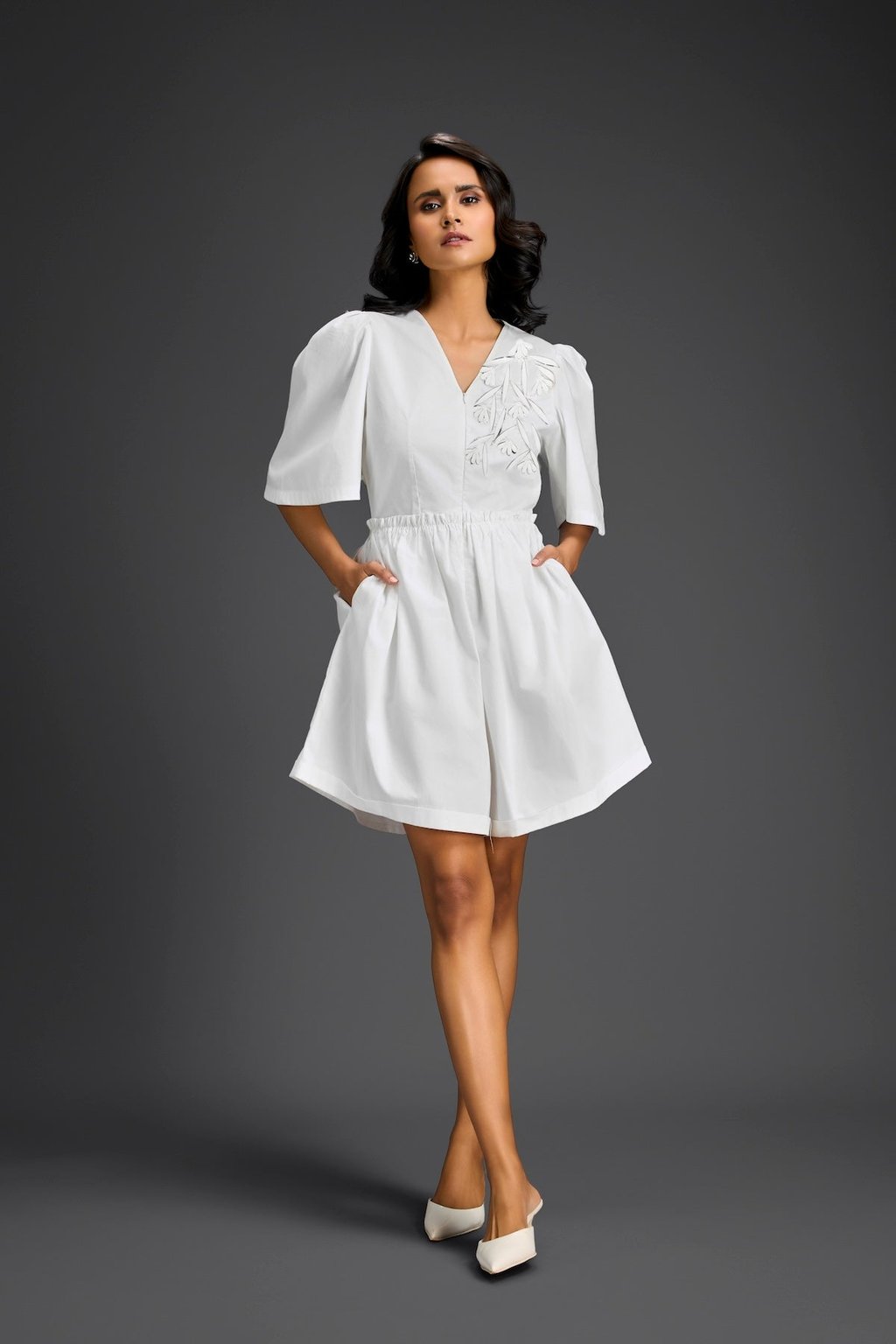 White 3d Floral Embellished Playsuit