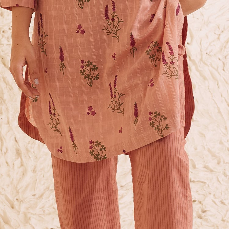 Pink Cotton Hand Block Floral Kurta Set