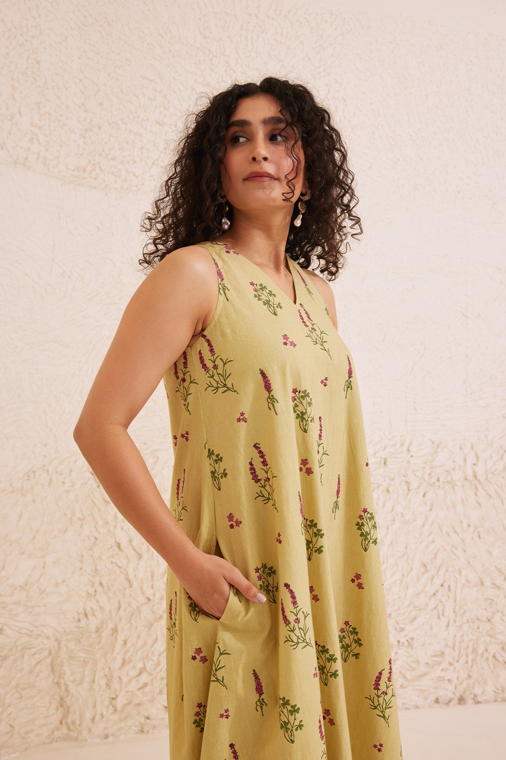 Sage Green Chanderi Hand Block Floral Dress