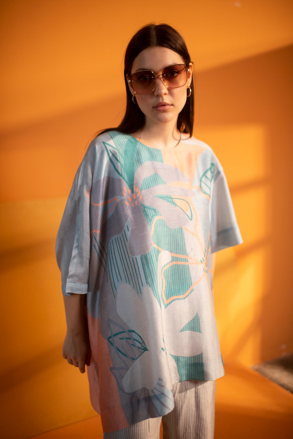Blue & Orange One Side Kaftan Sleeve Set