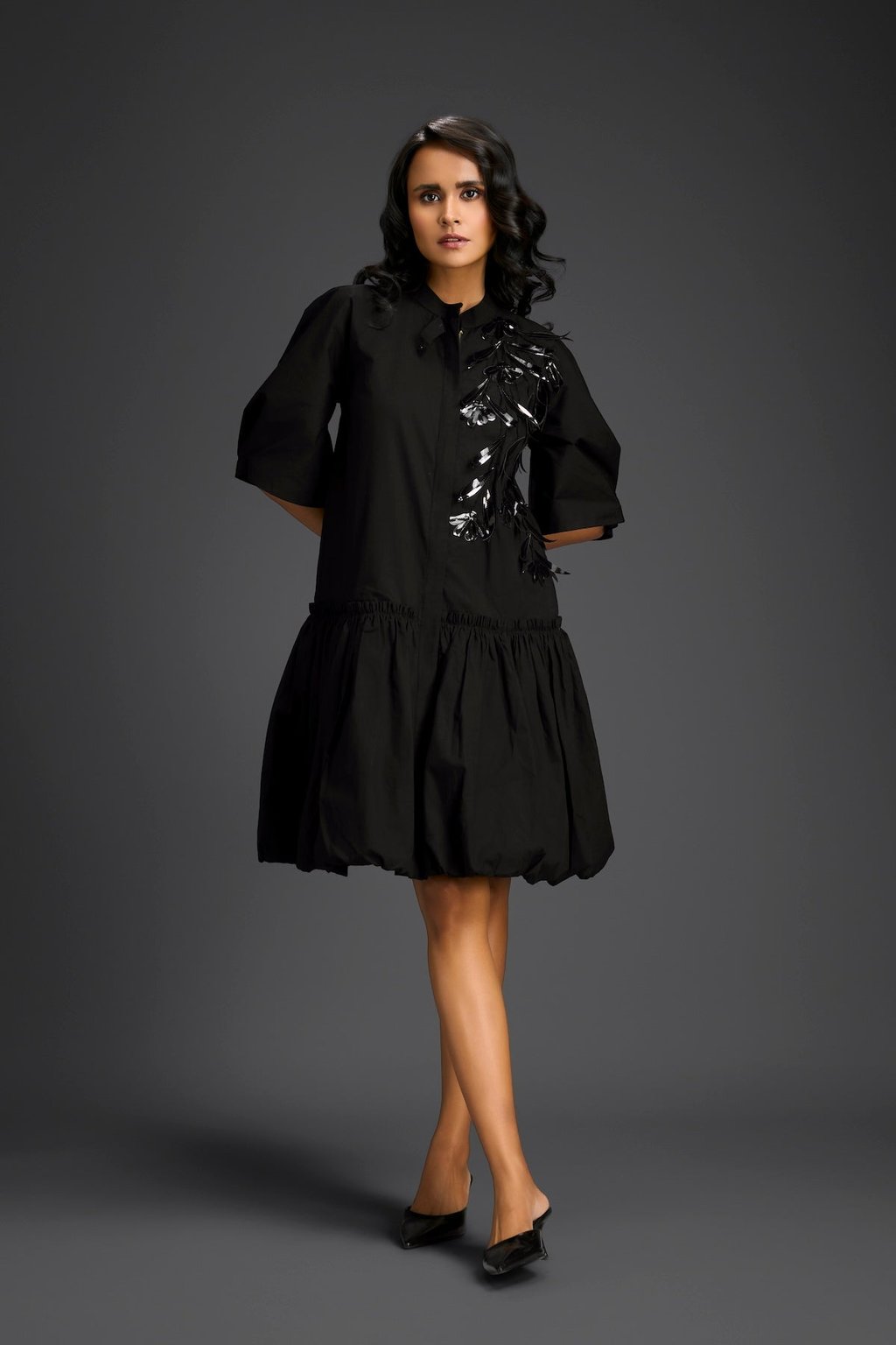 Black 3d Floral Embellished Puff Sleeve Dress