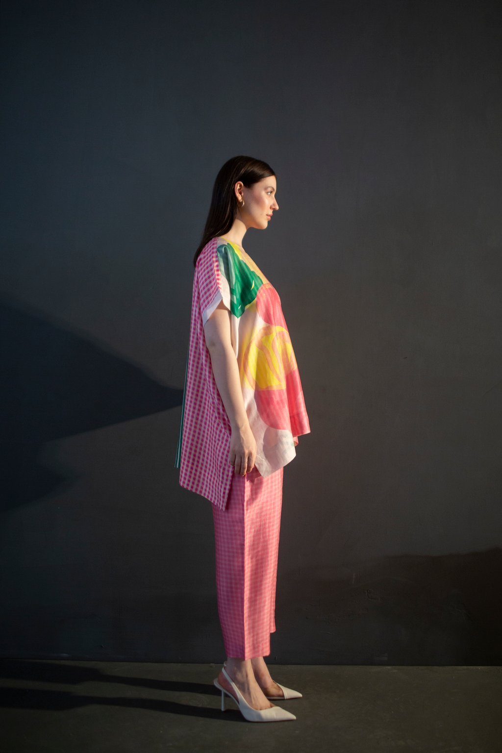 Cream & Pink One Side Kaftan Sleeve Set