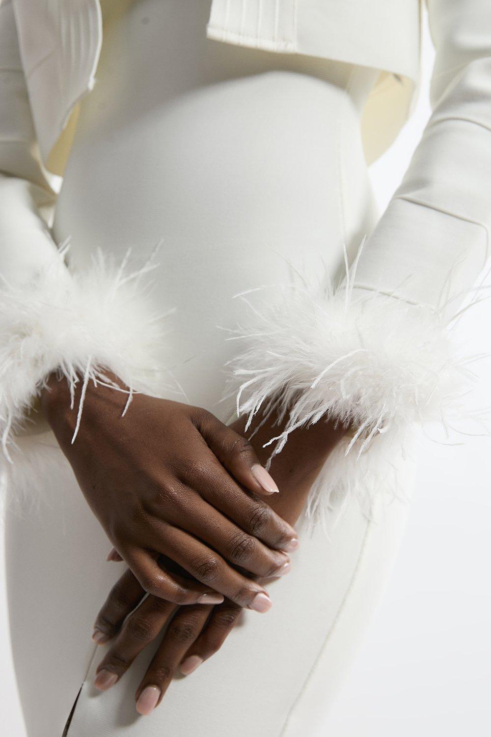 Figure Form Bandage Embellished Feather Cuff Crop Knit Jacket