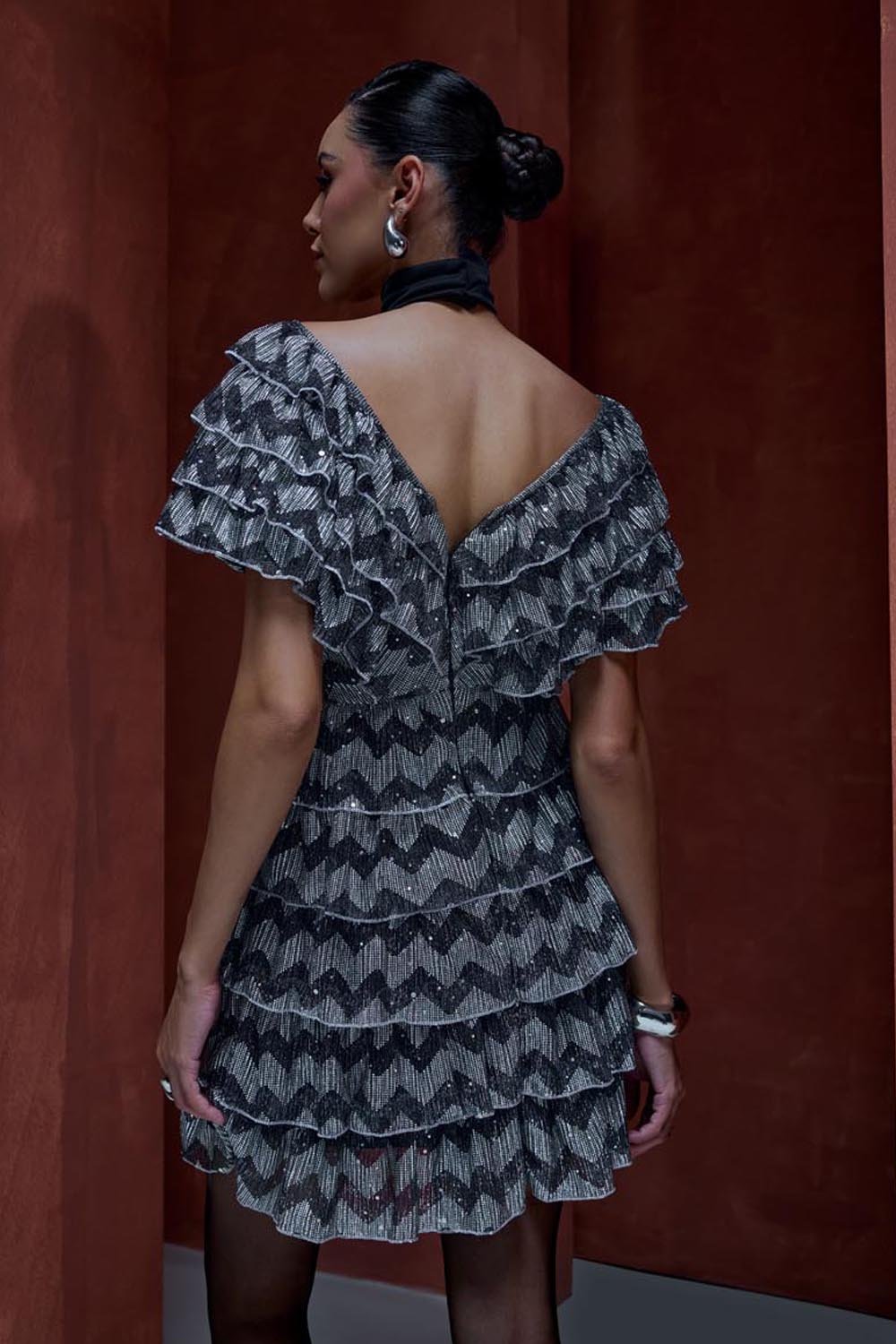 Off the Shoulder Metallic Ruffled Dress