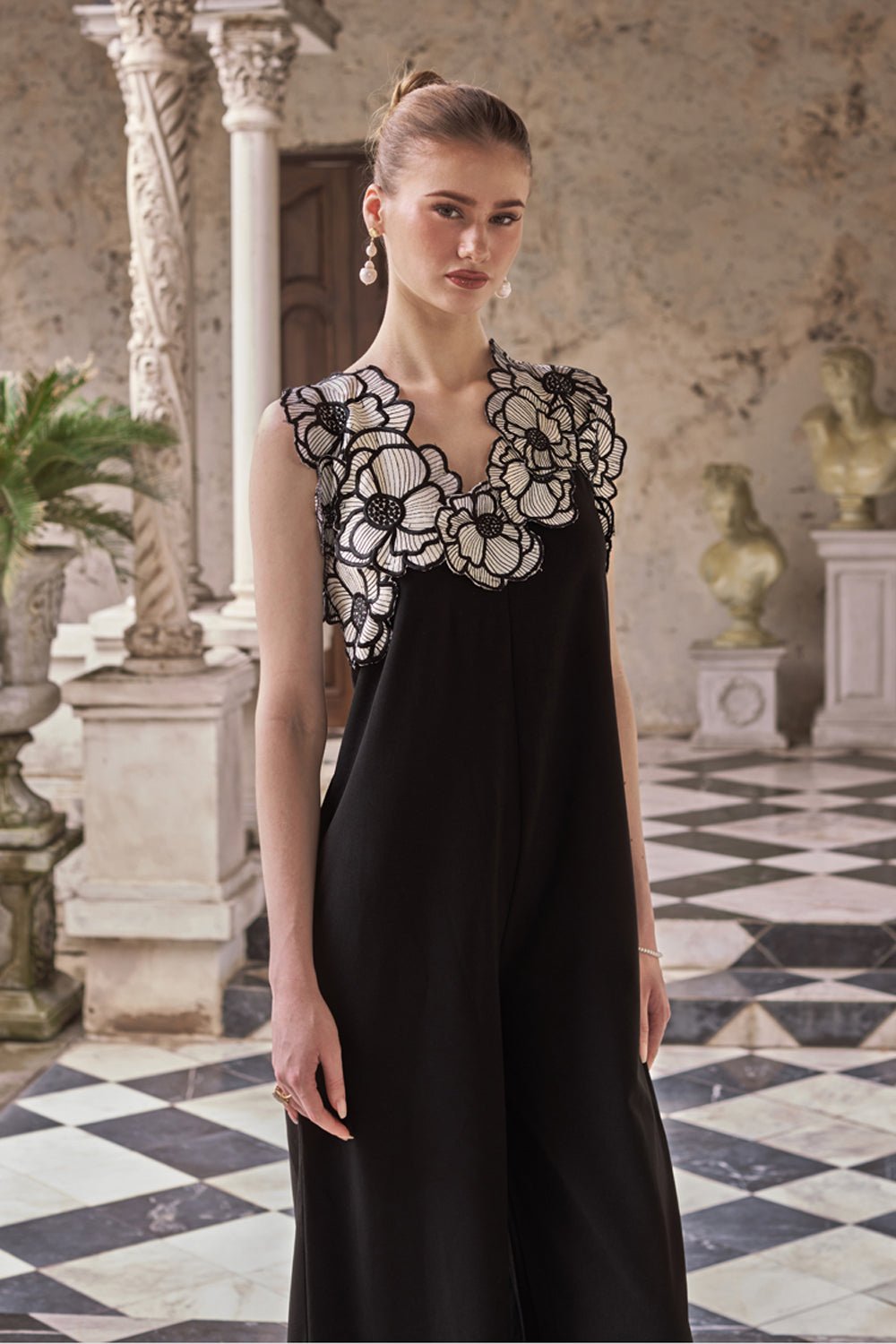 Monochrome Applique Flowers Jumpsuit