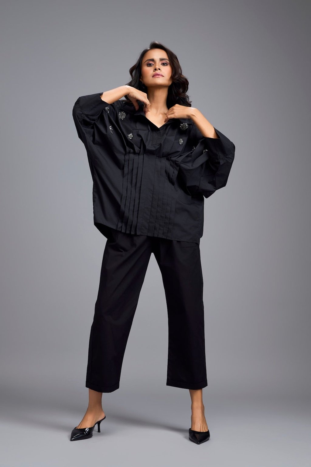 Black Embellished Button-Down Shirt with Pants