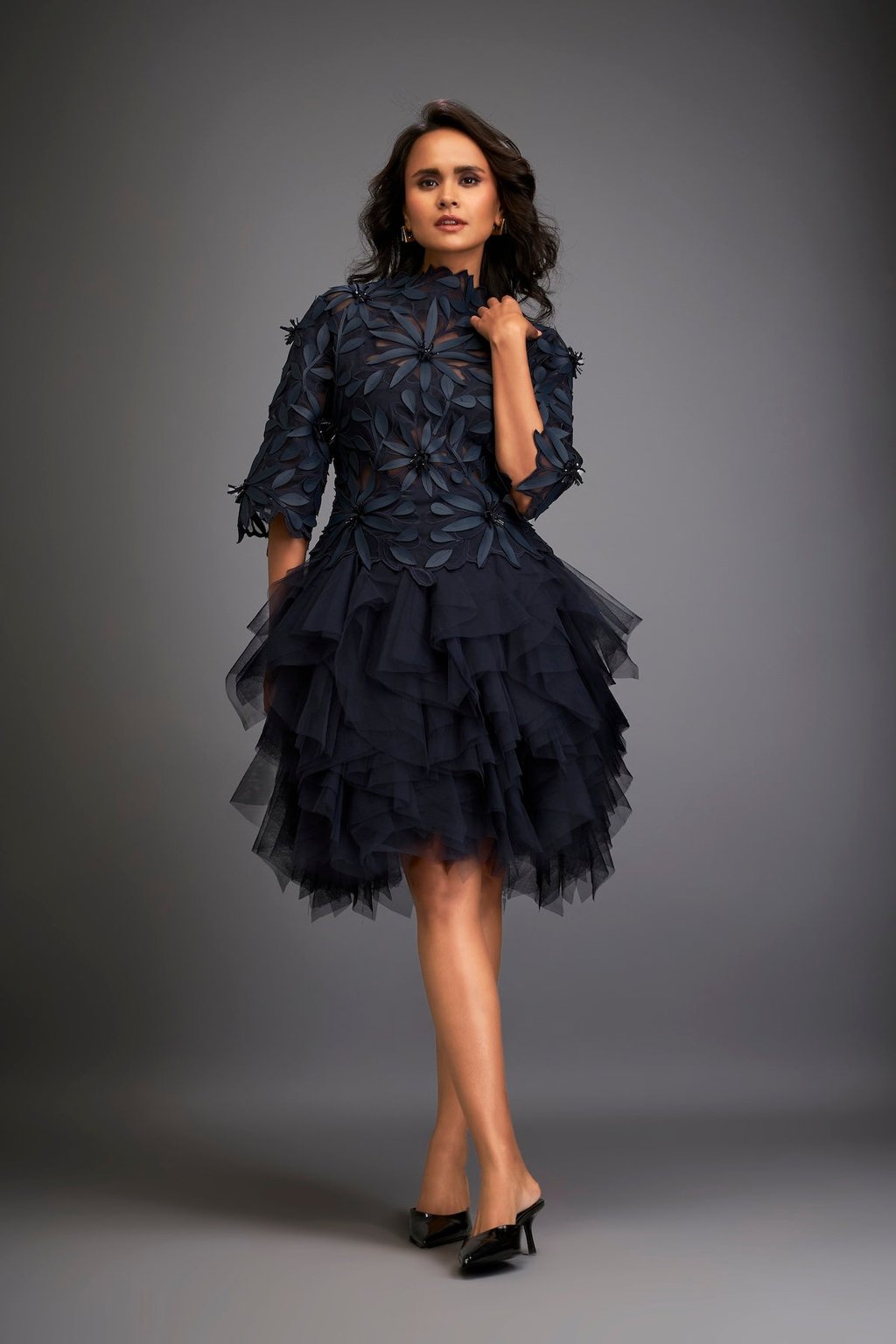 High-Neck Floral Applique Dress