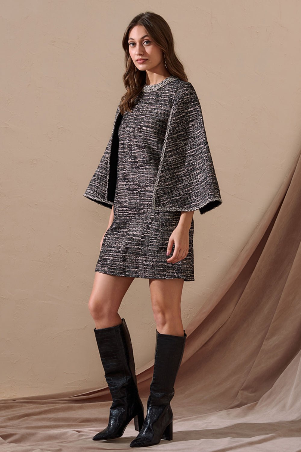 Cape Sleeved Tweed Dress