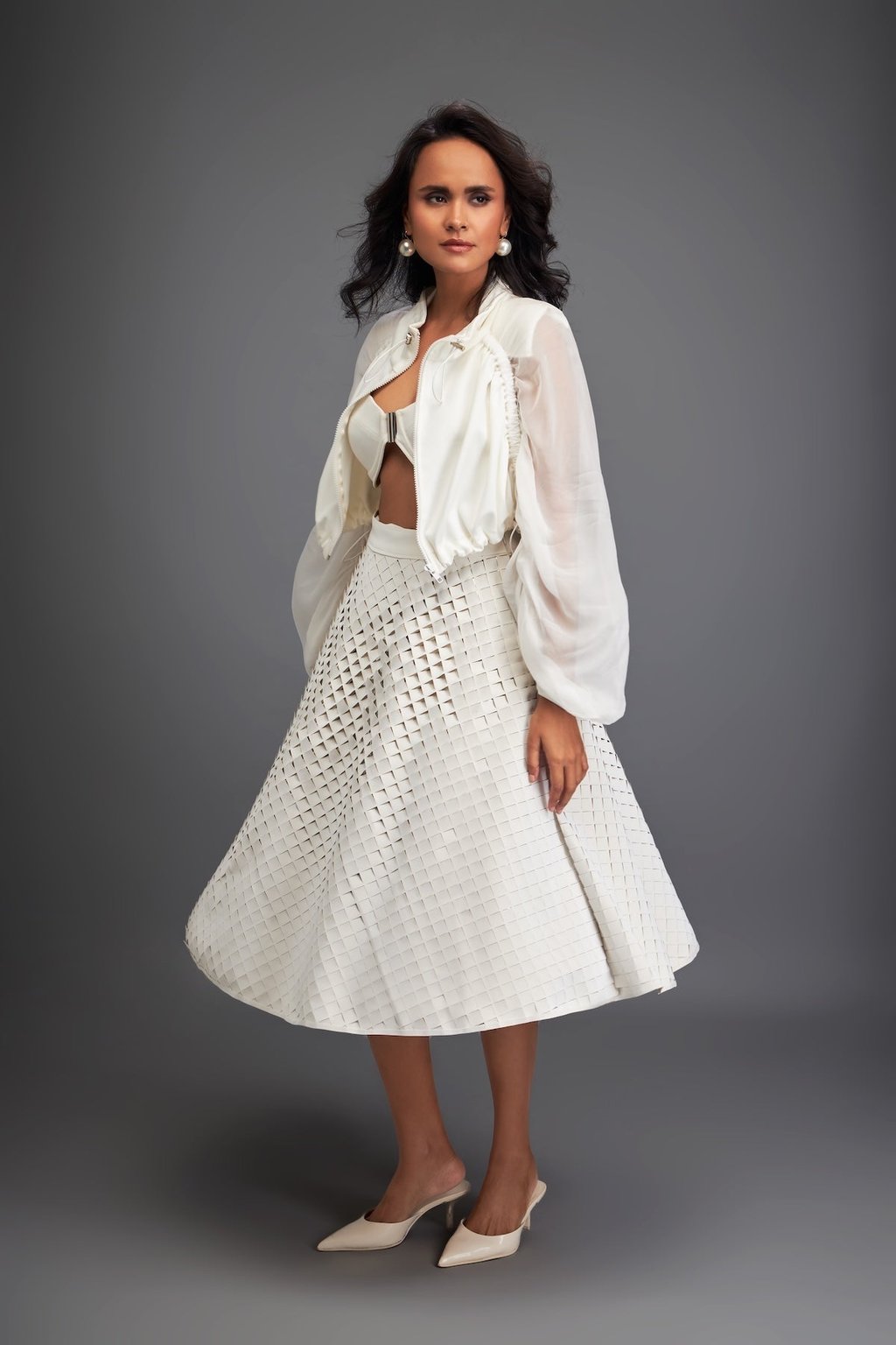 3d Textured A-Line Skirt with Grid Pattern