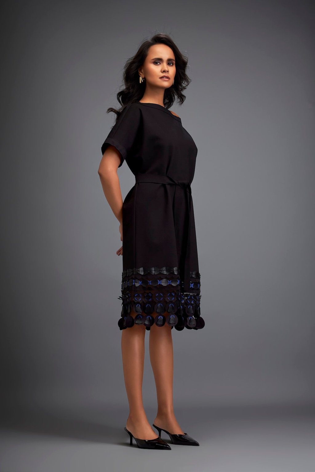 Structured Dress with Leather Applique Hem and Belt