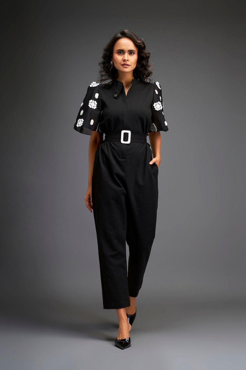 Black Embroidered Sleeves Jumpsuit with Belt